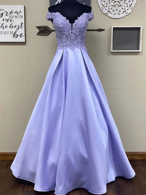 evening dress with embroidery-Off the Shoulder Lace Top Purple Long Prom, Off Shoulder Purple Formal, Purple Lace Evening