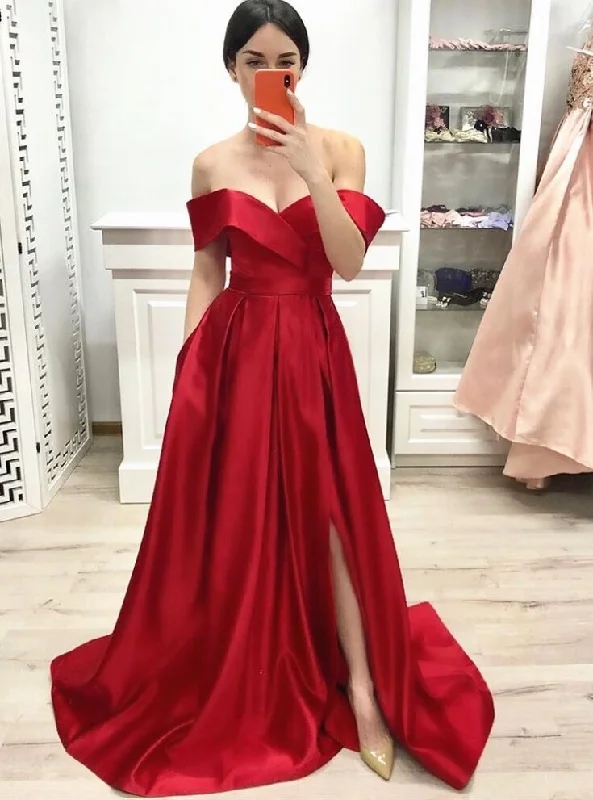 sheer back evening dress-Off the Shoulder Long Prom Dreses with Slit Side