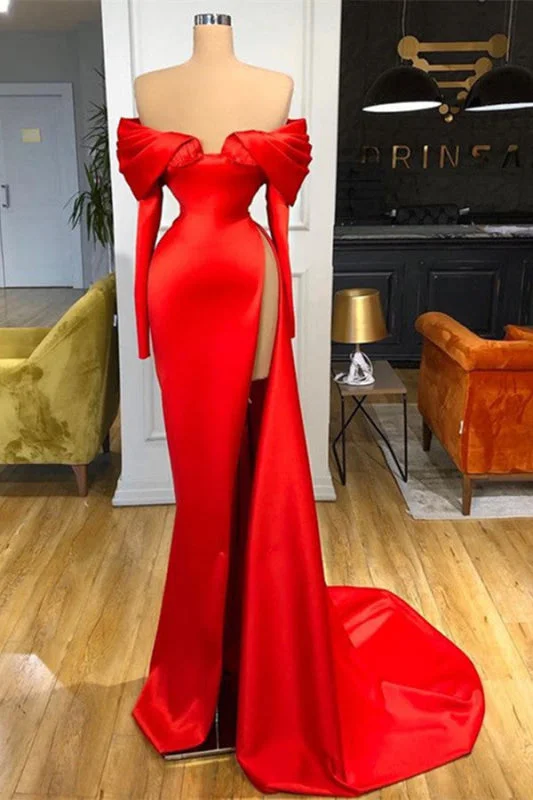 deep V-neck evening gown-Off-The-Shoulder Long Sleeves Prom Dress Split Mermaid in Red