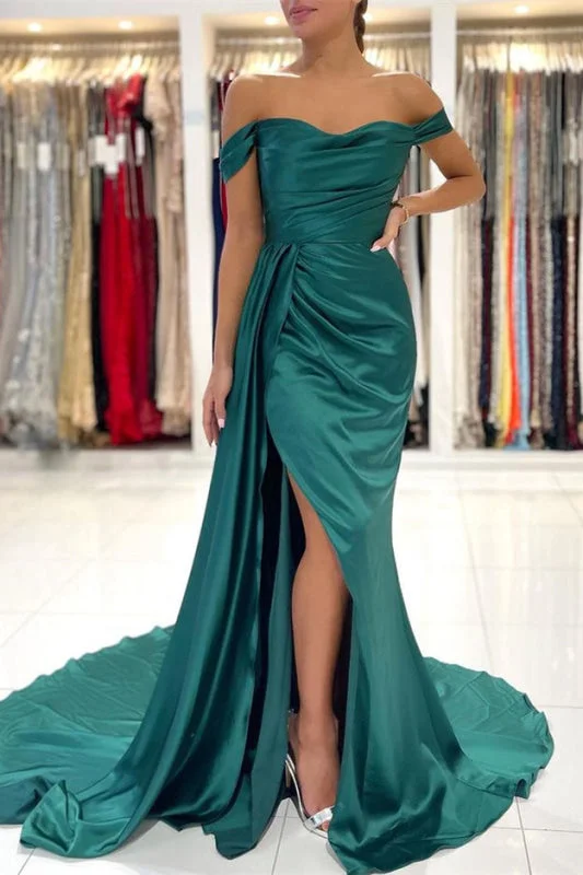 classic black evening gown-Off-the-Shoulder Mermaid Long Prom Dress Split With Ruffles in Dark Green