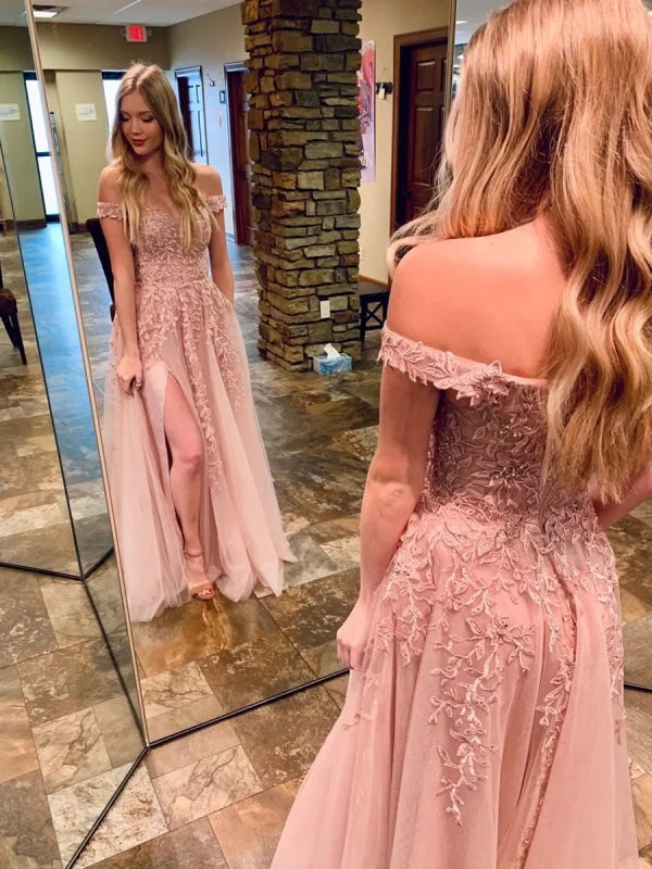 elegant velvet evening dress-Off the Shoulder Pink Lace Long Prom, Off Shoulder Pink Formal, Pink Lace Evening