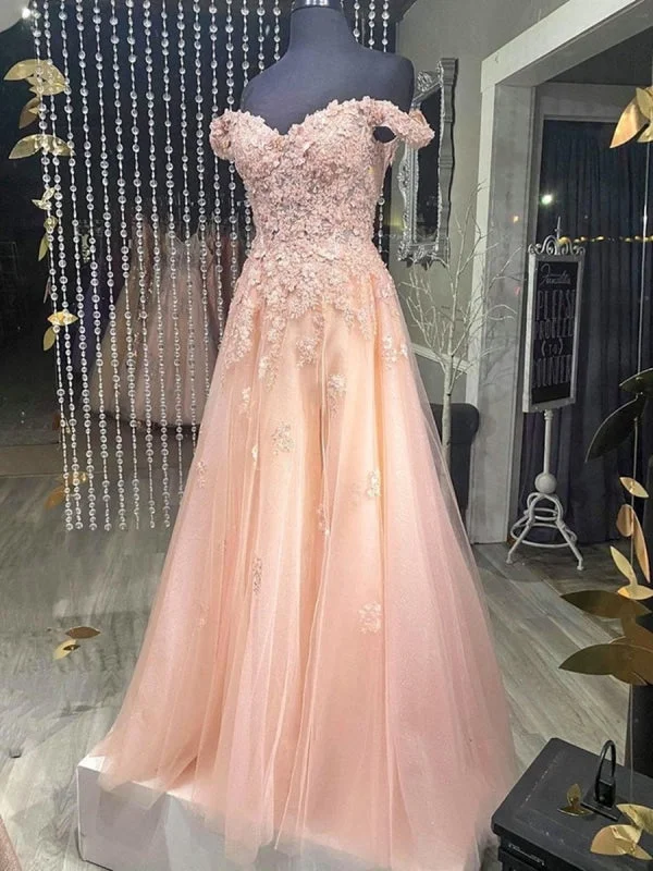 vintage-inspired evening gown-Off the Shoulder Pink Lace Prom, Off Shoulder Pink Formal, Pink Lace Evening