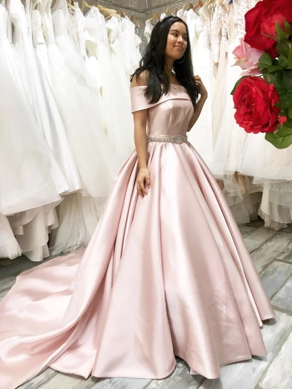 elegant formal black evening gown-Off the Shoulder Pink Satin Long Prom Dresses with Belt, Off Shoulder Pink Formal Graduation Evening Dresses