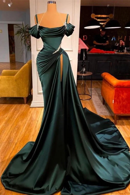 evening dress with fringe-Off-the-Shoulder Prom Dress with Long Slit in Green