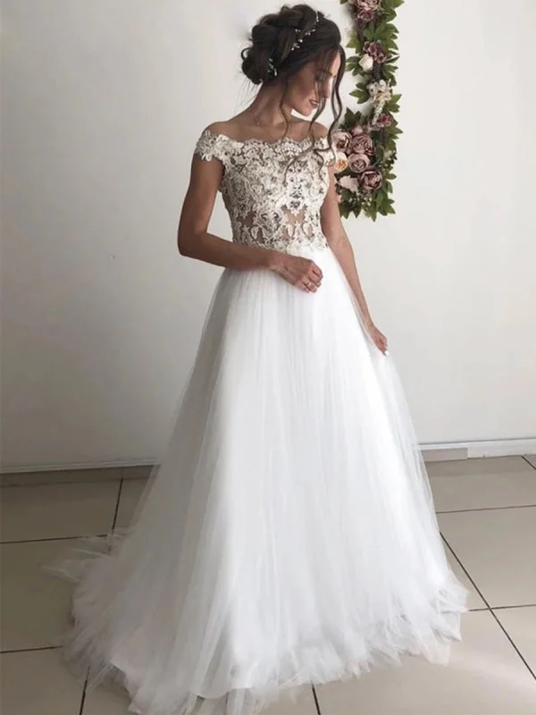 backless evening dress-Off the Shoulder Round Neck White Lace Wedding, Off Shoulder White Lace Long Prom Formal Evening