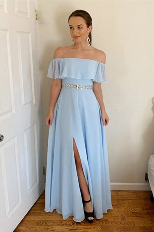 evening dress with cape-Off the Shoulder Sky Blue Prom Dress With Split