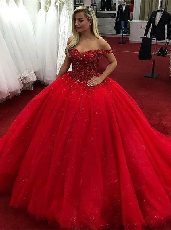 vintage-inspired evening gown-Off the Shoulder Sparkly Prom Dresses Birthday Gown Pageant Dress