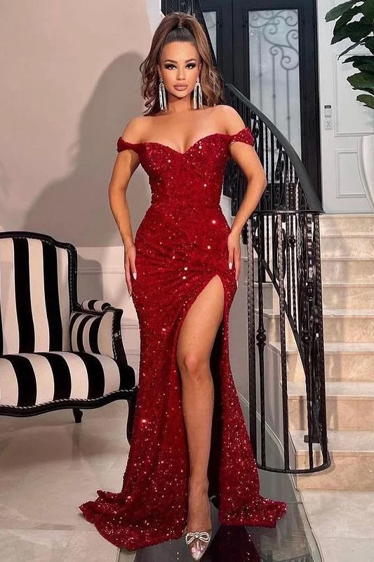 backless evening dress-Off-The-Shoulder Sweetheart Sequins Mermaid Prom Dress With Split - Red