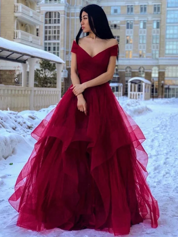 metallic evening gown-Off the Shoulder V Neck Burgundy Long Prom 2020, Off Shoulder Burgundy Formal, Fluffy Burgundy Evening