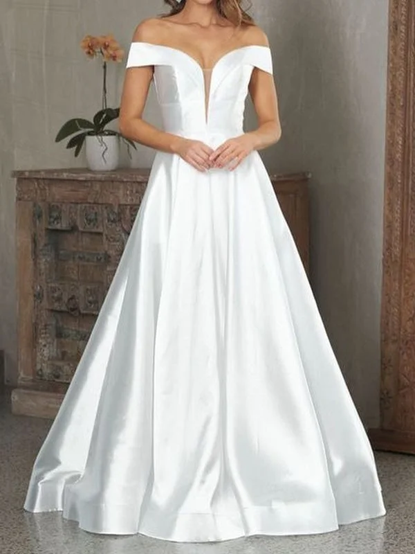 sleeveless tulle evening dress-Off the Shoulder V Neck White Satin Long Prom, V Neck Off Shoulder White Formal Evening