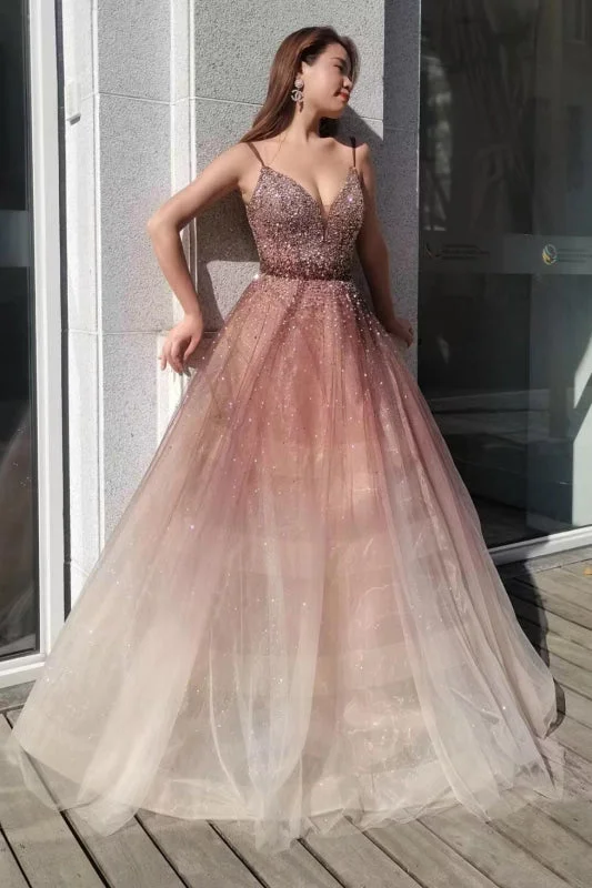 mermaid evening gown-Ombre Spaghetti-Strap Deep V-Neck Tulle Prom Dress with Sequins and Beads