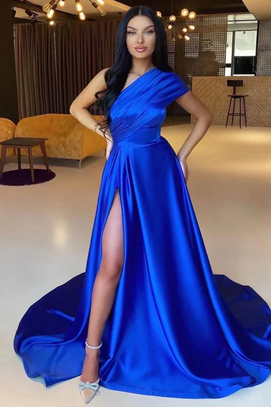 mermaid evening gown-One-Shoulder A-Line Prom Dress with Dazzling Split