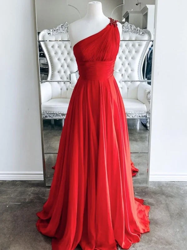 metallic evening gown-One Shoulder Backless Red Chiffon Long Prom, One Shoulder Red Formal Evening