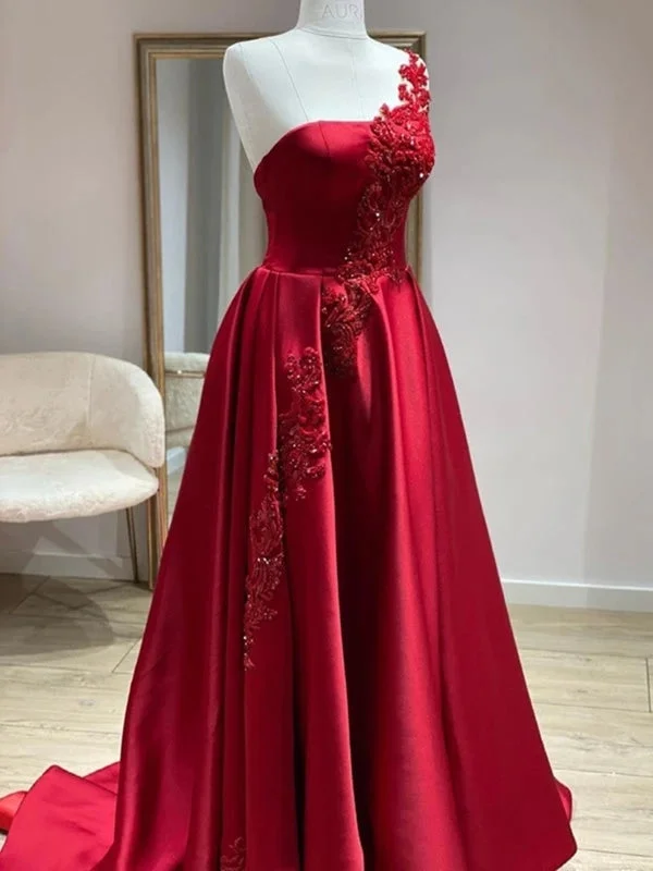 sheer sleeve evening gown-One Shoulder Burgundy Satin Long Prom Dresses with Lace Appliques, Burgundy Lace Formal Graduation Evening Dresses