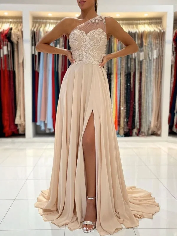 evening gown for special occasions-One Shoulder Champagne Lace Long Prom Dresses with Leg Slit, Champagne Lace Formal Graduation Evening Dresses