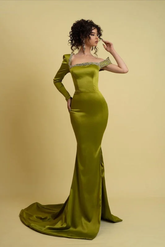 modest evening dress-One-Shoulder Charmeuse Mermaid Prom Dress with Daring Slit