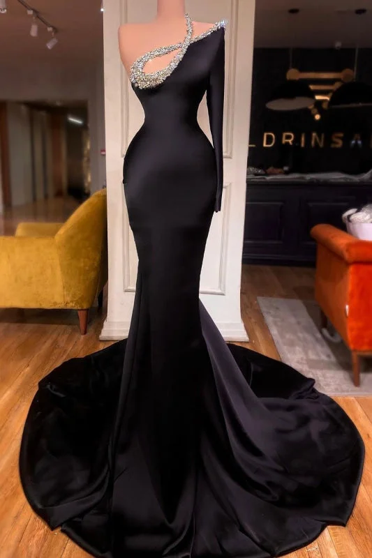 pleated evening gown-One-Shoulder Elegance in Black & Beads