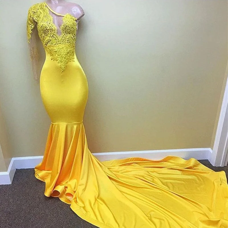 formal evening dress-One Shoulder Goldenrod Mermaid Prom Gown Adorned with Applique