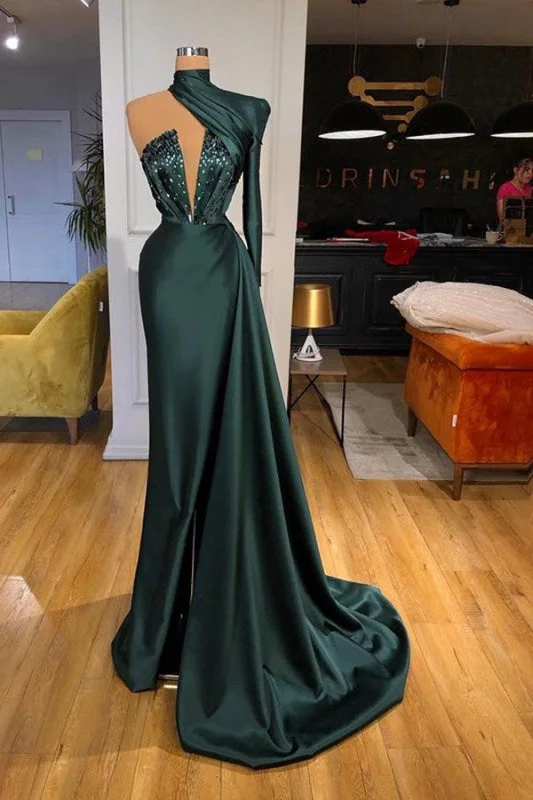 formal evening gown-One Shoulder Long Prom Dress in Dark Green with Sequins