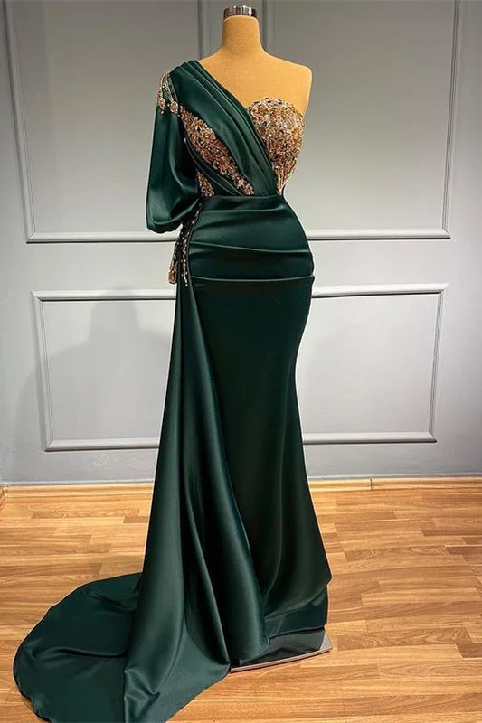 velvet evening gown-One-Shoulder Mermaid Prom Gown Adorned with Beads and Appliques