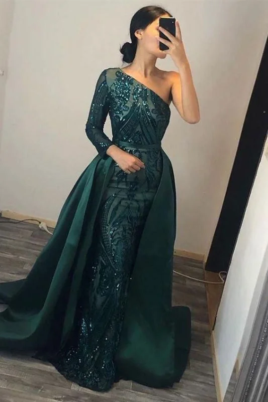 high slit evening dress-One Shoulder Mermaid Prom Gown with Dramatic Overskirt and Sparkling Sequins