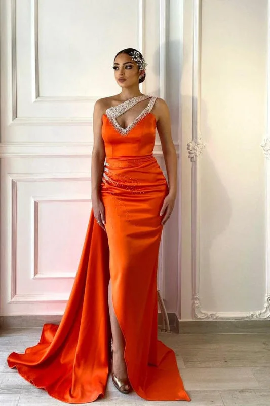 ball gown evening dress-One-Shoulder Mermaid Prom Gown with V-Neck and Dramatic Split