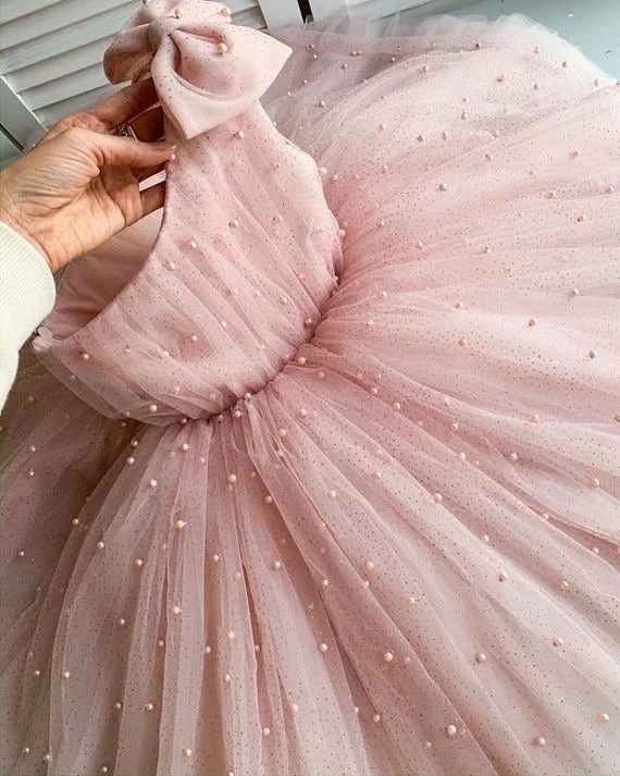 metallic evening gown-One Shoulder Pink Flower Girl Dresses Pageant Gown Birthday Dress