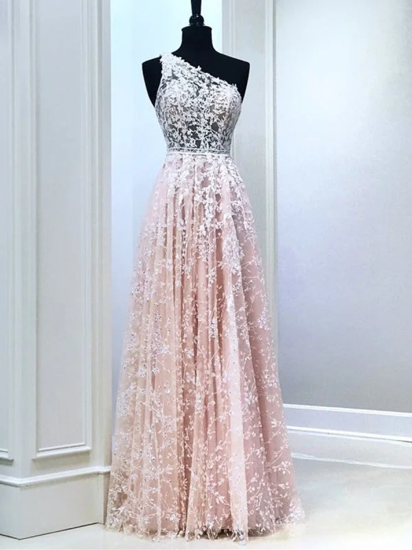 chiffon evening dress-One Shoulder Pink Lace Long Prom, Long Pink Lace Formal Graduation Evening