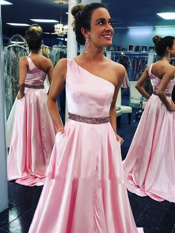 evening gown with beads-One Shoulder Pink Satin Long Prom with Belt, Pink Satin Long Formal Evening