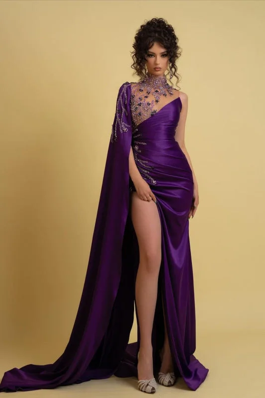 illusion back evening gown-One Shoulder Regency Charmeuse Prom Dress with Elegant Ruched Beading