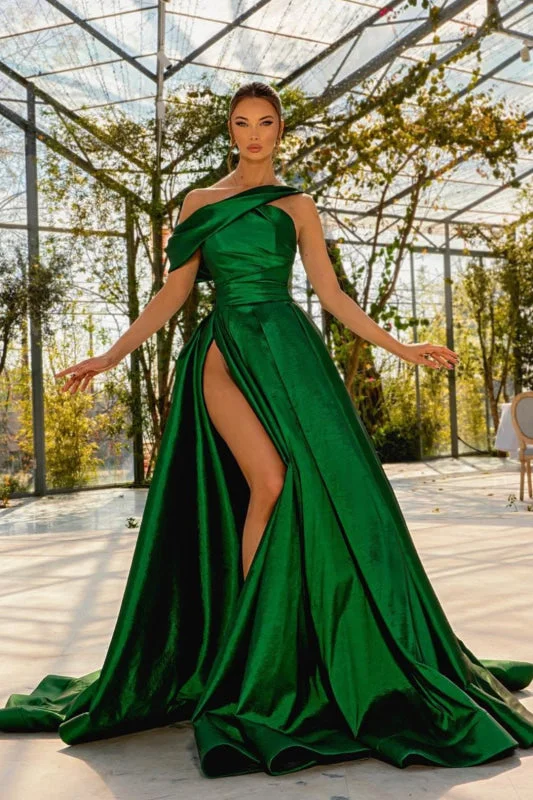 deep V-neck evening gown-One-Shoulder Satin Prom Gown with Sultry High Split