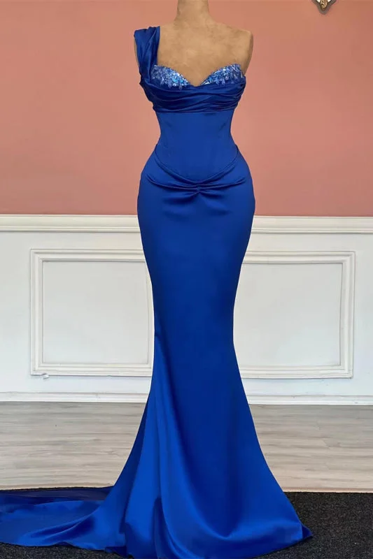 elegant evening attire-One-Shoulder Style in Royal Blue with Sparkling Sequins