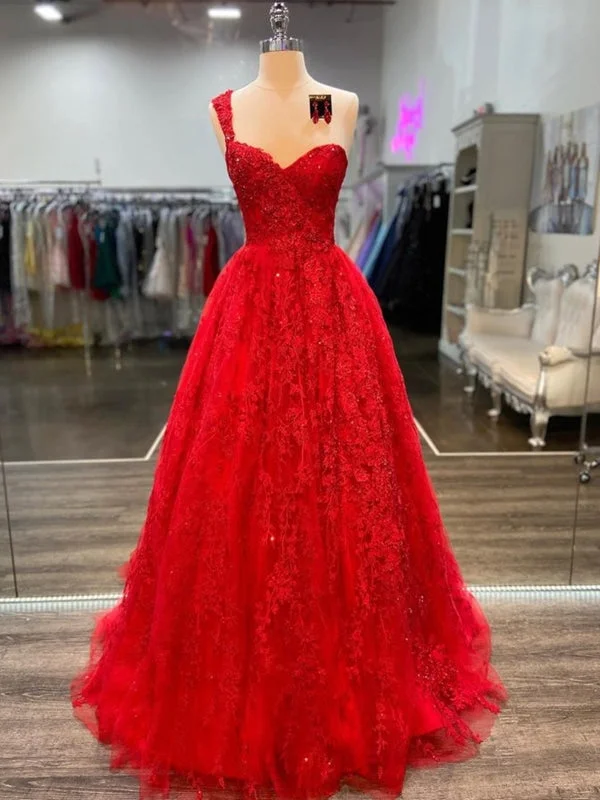 evening dress with train-One Shoulder Sweetheart Neck Red Lace Long Prom Dresses, Red Lace Formal Dresses, Red Evening Dresses