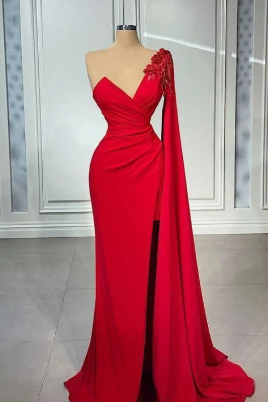 elegant evening dress with sleeves-One-Shoulder V-Neck Mermaid Prom Gown with Elegant Appliques and Flirty Ruffles