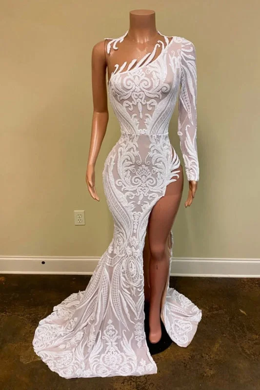 elegant evening dress with train-One-Shoulder White Prom Dress: Long Sleeves Mermaid Sequins Lace Split