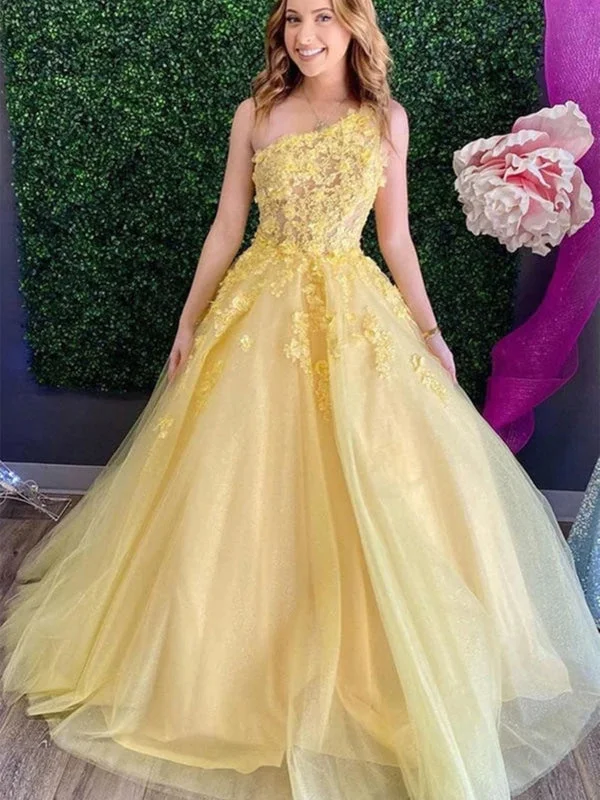 fishtail evening dress-One Shoulder Yellow Lace Floral Long Prom Dresses, Yellow Tulle Lace Formal Dresses, Yellow Evening Dresses