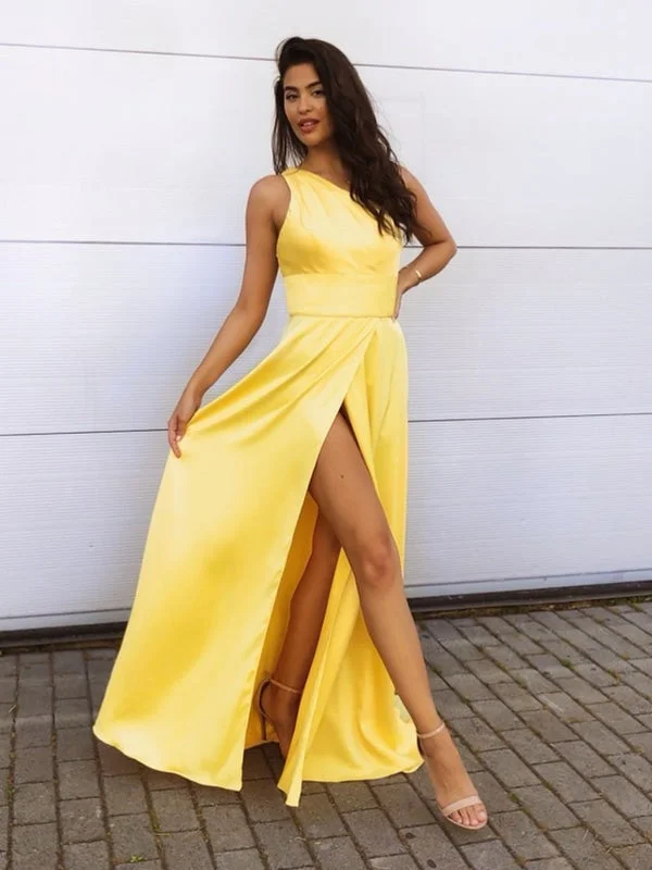 sleeveless evening gown-One Shoulder Yellow Satin Long Prom with High Slit, One Shoulder Yellow Formal, Yellow Evening