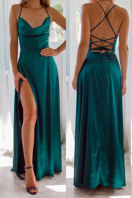 elegant evening gown with beads-Online Dark Green Strapless Spaghetti-Straps Front Split Evening Dress