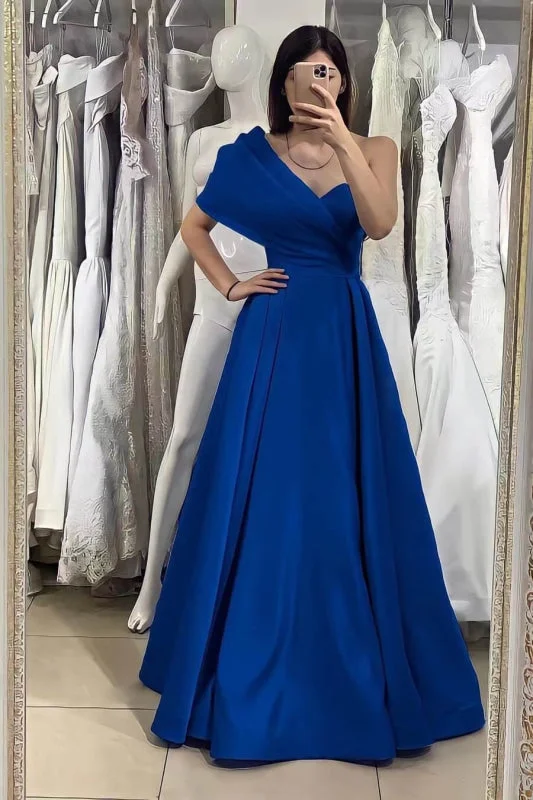 elegant evening wear-Online Elegant Royal Blue One Shoulder Sweetheart Evening Dress With Off-The-Shoulder