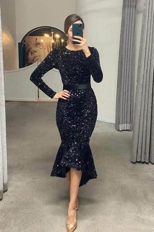 elegant lace overlay evening gown-Online Mermaid Sequins Prom Dress with Long Sleeves and Belt