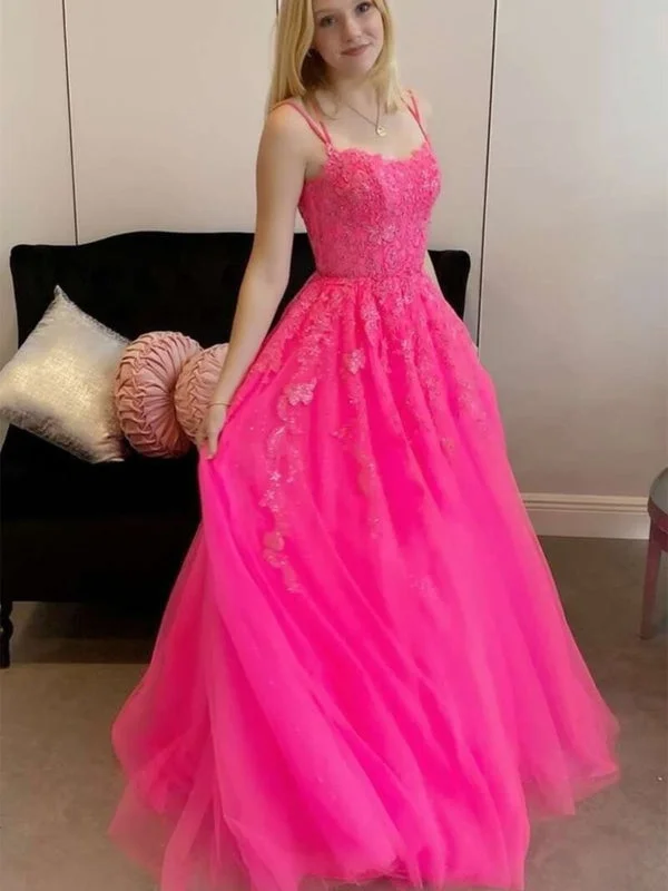 deep V-neck evening gown-Open Back Hot Pink Tulle Lace Long Prom Dresses, Hot Pink Lace Formal Graduation Evening Dresses