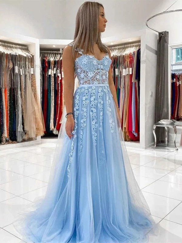 evening dress for black-tie events-Open Back Light Blue Tulle Lace Floral Long Prom Dresses, Light Blue Lace Formal Graduation Evening Dresses with 3D Flowers