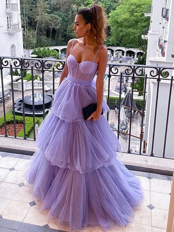 evening dress with train-Open Back Spaghetti Straps Lilac Tulle Layered Long Prom Dresses, Purple Tulle Formal Evening Dresses