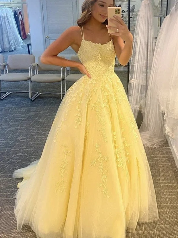 cap sleeve evening gown-Open Back Yellow Lace Long Prom, Yellow Lace Formal, Yellow Evening