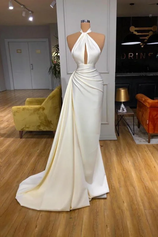 elegant satin evening dress-Opulent Ivory Halter Neck Mermaid Evening Gown