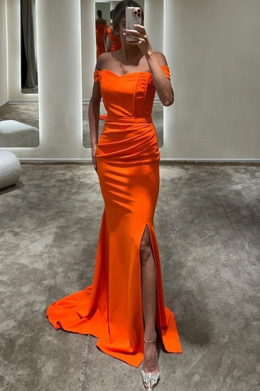 evening gown with high-low hem-Orange Off-the-Shoulder Prom Dress with Long Split Mermaid Style