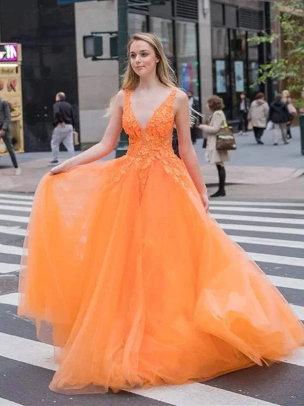 beaded bodice evening gown-Orange V Neck Tulle Lace Appliques Long Prom, V Neck Lace Orange Formal, Orange Lace Evening