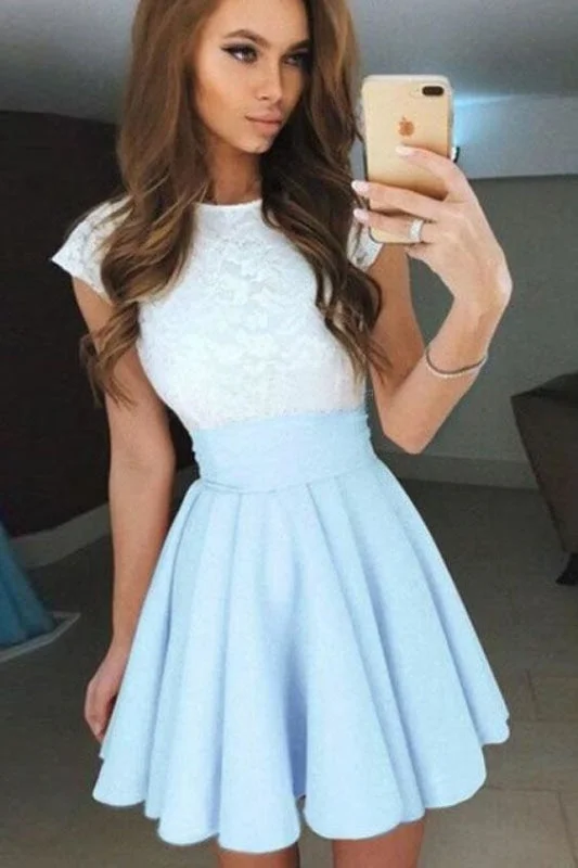 floor-length evening gown-Pale Blue A-Line Cap Sleeves Short Chiffon Homecoming with Lace Top Mini Prom Dress