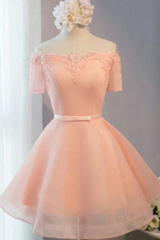 elegant white evening dress-Pastel Orange Appliqued Tulle Off-shoulder Homecoming Dresses Short Party Dress