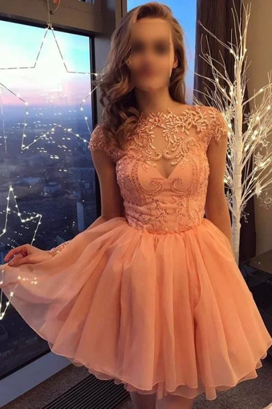 evening dress with train-Peach Cap Sleeves Chiffon Homecoming with Appliques A Line Short Prom Dress